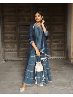 GULABI DORI - Women Blue Chanderi Embellished Kurta with Sharara and Dupatta (Set of 3)