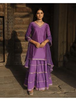 GULABI DORI - Women Purple Cotton Embellished Kurta with Sharara and Dupatta (Set of 3)
