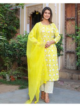 GULABI DORI - Women Yellow Cotton Floral Kurta with Pant and Dupatta (Set of 3)
