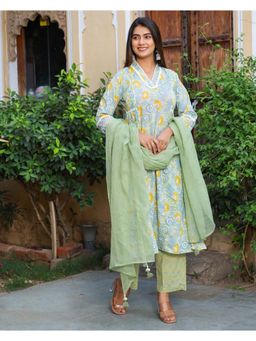 GULABI DORI - Women Green Cotton Floral Kurta with Pant and Dupatta (Set of 3)