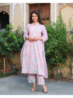 GULABI DORI - Women Pink Cotton Floral Kurta with Pant and Dupatta (Set of 3)
