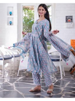 GULABI DORI - Women Blue Cotton Floral Kurta with Pant and Dupatta (Set of 3)
