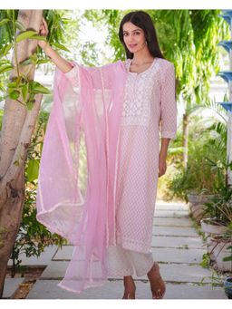 GULABI DORI - Women Pink Cotton Floral Kurta with Pant and Dupatta (Set of 3)