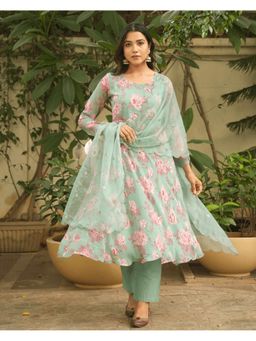 GULABI DORI - Women Green Cotton Floral Anarkali Kurta with Pant and Dupatta (Set of 3)