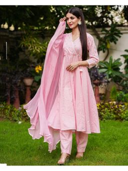 GULABI DORI - Women Pink Cotton Embroidered Anarkali Kurta with Pant and Dupatta (Set of 3)