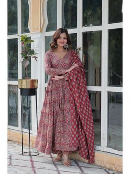 JATRIQQ - Women Maroon Cotton Printed Kurta with Pant and Dupatta (Set of 3)