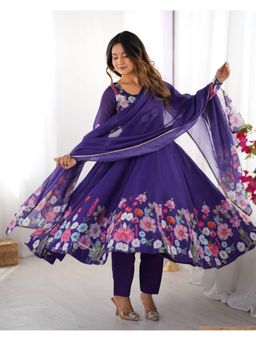 JATRIQQ - Women Purple Organza Silk Printed Anarkali Kurta with Pant and Dupatta (Set of 3)