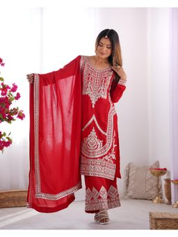 JATRIQQ - Women Red Silk Embroidered Kurta with Palazzo and Dupatta (Set of 3)