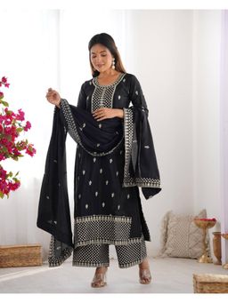 JATRIQQ - Women Black Chinon Embroidered Kurta with Palazzo and Dupatta (Set of 3)