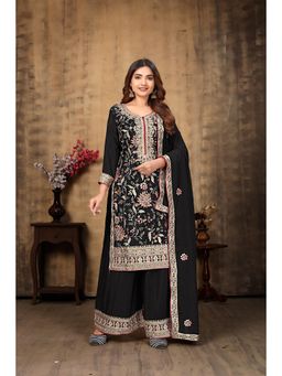 Miss Ethnik - Women Black Chinon Embroidered Kurta with Palazzo and Dupatta (Set of 3)