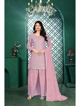 Miss Ethnik - Women Pink Chinon Embroidered Kurta with Palazzo and Dupatta (Set of 3)