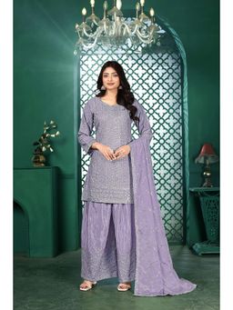 Miss Ethnik - Women Purple Chinon Embroidered Kurta with Palazzo and Dupatta (Set of 3)