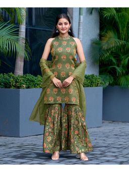 MOJILAA - Women Green Polyester Embroidered Kurta with Gharara and Dupatta (Set of 3)