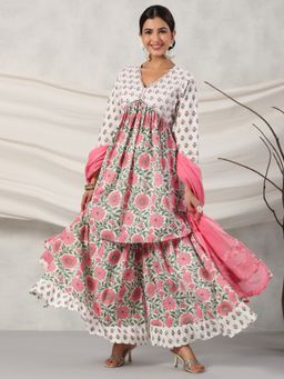 Readiprint - Flared Style Cotton Fabric Pink Kurta and Sharara with Dupatta (Set of 3)