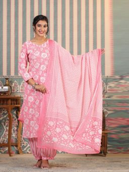 Readiprint - Straight Cotton Fabric Pink Kurta and Bottom with Dupatta (Set of 3)