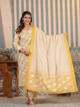 Readiprint - Straight Cotton Fabric Mustard Kurta and Bottom with Dupatta (Set of 3)