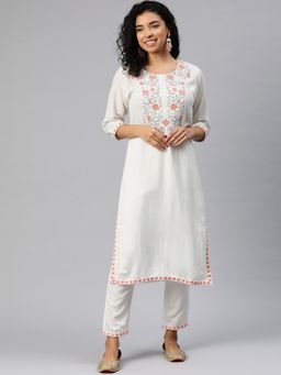 Readiprint - Straight Style Rayon Fabric White Kurta with Bottom (Set of 2)