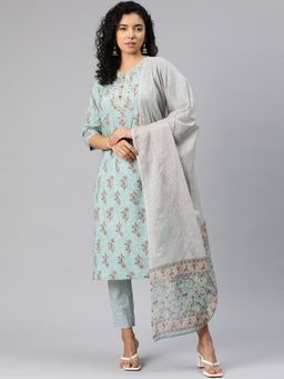 Readiprint - Straight Cotton Fabric Green Kurta and Bottom with Dupatta (Set of 3)