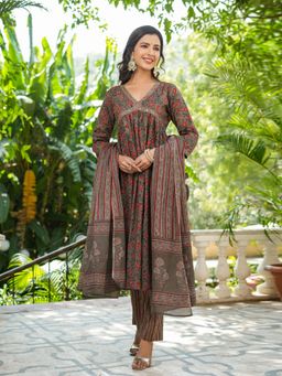 Readiprint - Flared Style Cotton Fabric Brown Kurta and Bottom with Dupatta (Set of 3)
