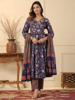 Readiprint - Straight Cotton Fabric Blue Kurta and Bottom with Dupatta (Set of 3)