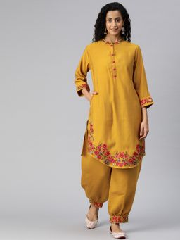 Readiprint - Straight Style Silk Fabric Mustard Kurta and Bottom (Set of 2)