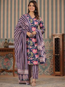 Readiprint - Straight Cotton Fabric Blue Kurta and Bottom with Dupatta (Set of 3)