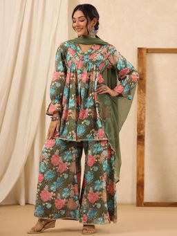 Readiprint - Flared Style Cotton Fabric Green Kurta and Bottom with Dupatta (Set of 3)