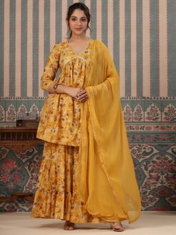 Readiprint - Flared Mulmul Cotton Mustard Kurta and Sharara with Dupatta (Set of 3)