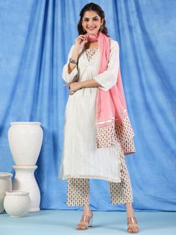 Readiprint - Straight Cotton Fabric Off White Kurta and Bottom with Dupatta (Set of 3)