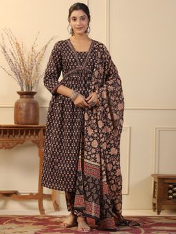 Readiprint - Flared Style Cotton Fabric Black Kurta and Bottom with Dupatta (Set of 3)
