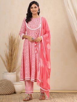 Readiprint - Anarkali Cotton Fabric Pink Kurta and Bottom with Dupatta (Set of 3)