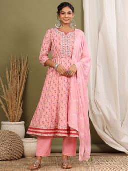 Readiprint - Anarkali Cotton Fabric Pink Kurta and Bottom with Dupatta (Set of 3)