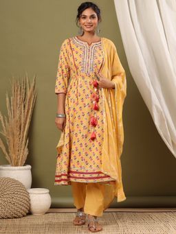 Readiprint - Anarkali Cotton Fabric Yellow Kurta and Bottom with Dupatta (Set of 3)