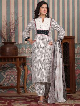 Readiprint - A-Line Cotton Fabric White Kurta and Bottom with Dupatta (Set of 3)