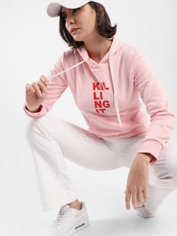 Campus Sutra - Women Pink Printed Regular Fit Sweatshirt with Hooded Neck for Winterwear