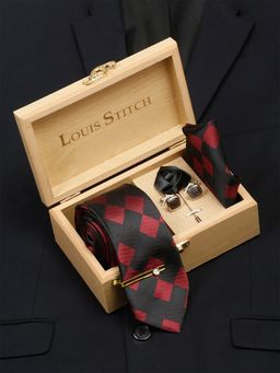 Louis Stitch - Men Black and Red Italian Silk Necktie Accessory Gift Set
