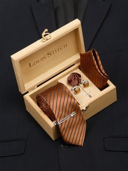 Louis Stitch - Men Copper Brown Italian Silk Necktie Accessory Gift Set