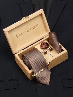 Louis Stitch - Men Maple Brown Italian Silk Necktie Accessory Gift Set