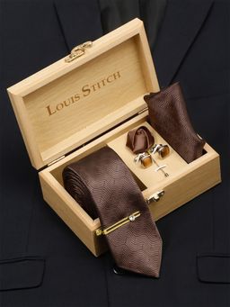 Louis Stitch - Men Van Dyke Brown Italian Silk Necktie Accessory Gift Set
