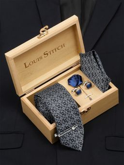 Louis Stitch - Men Denim Blue Italian Silk Necktie Accessory Gift Set