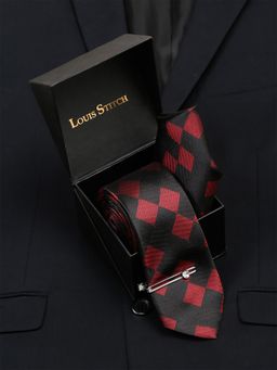 Louis Stitch - Men Black and Red Italian Silk Necktie Accessory Gift Set