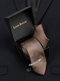 Louis Stitch - Men Maple Brown Italian Silk Necktie Accessory Gift Set