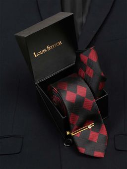 Louis Stitch - Men Black and Red Italian Silk Necktie Accessory Gift Set