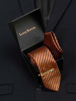 Louis Stitch - Men Copper Brown Italian Silk Necktie Accessory Gift Set
