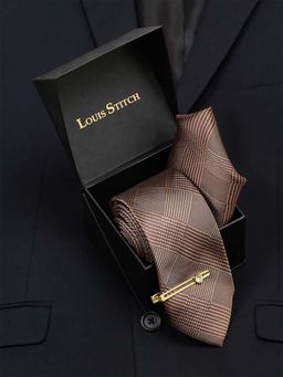 Louis Stitch - Men Maple Brown Italian Silk Necktie Accessory Gift Set