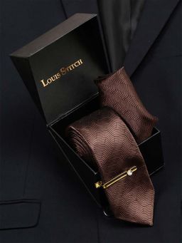 Louis Stitch - Men Van Dyke Brown Italian Silk Necktie Accessory Gift Set