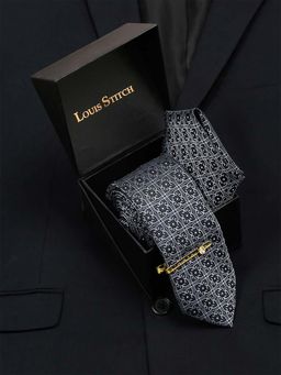 Louis Stitch - Men Denim Blue Italian Silk Necktie Accessory Gift Set