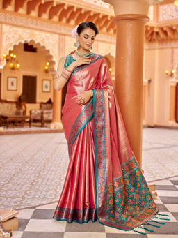 Elora - Peach Zari Tissue Solid Banarasi Silk Woven Saree with Unstitched Blouse