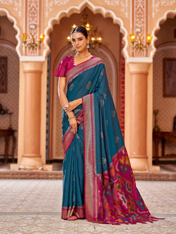 Elora - Teal Soft Silk Ikat Banarasi Jacquard Butta Work Saree with Unstitched Blouse