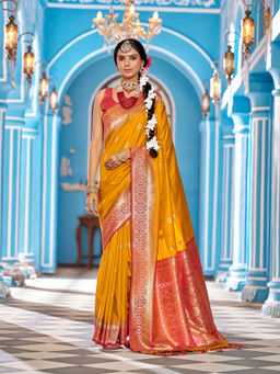 Elora - Mustard Gadhval Soft Silk Banarasi Butti Work Saree with Unstitched Blouse